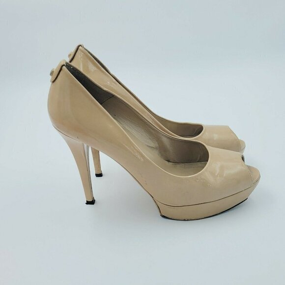 Stuart Weitzman Neutral Patent Leather Peep Toe Platform Pumps Size 10.5M - Picture 1 of 11